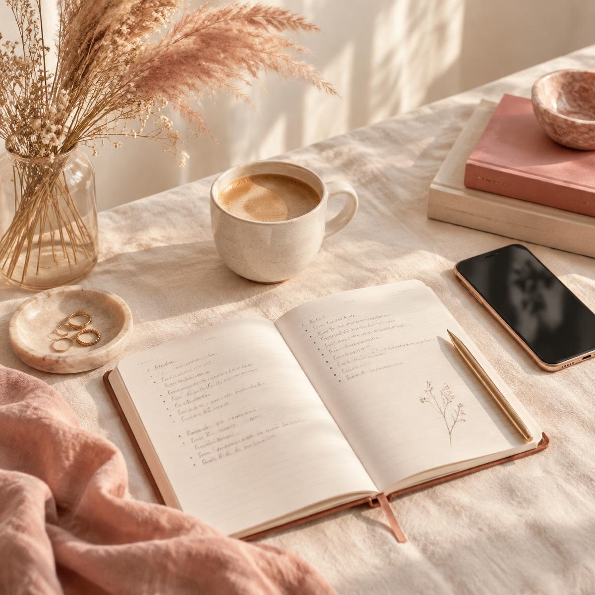 Espace de travail doux et lumineux avec carnet, café et téléphone